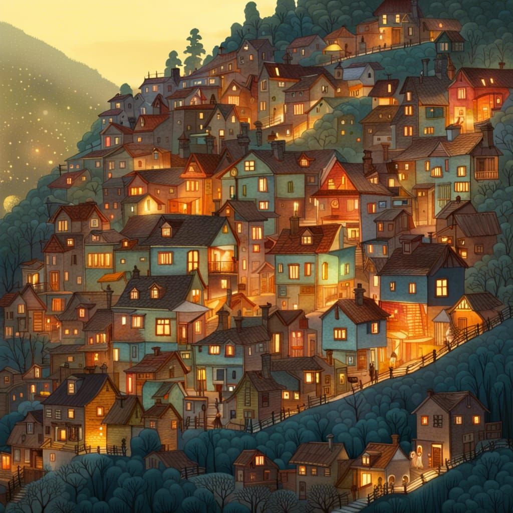 Glowing Hillside Village: Hyperdetailed Digital Art