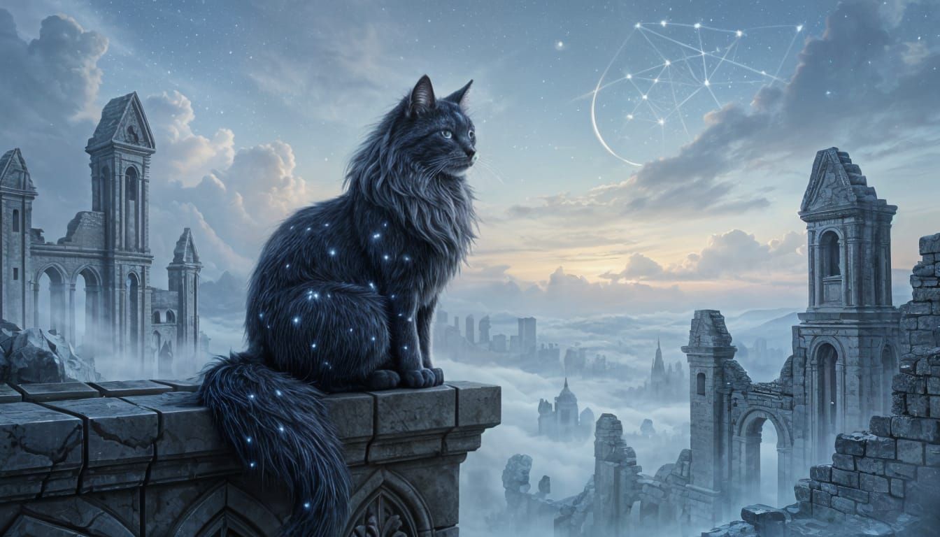 Ethereal Constellation Cat on Gargoyle in Dreamlike Landscap...