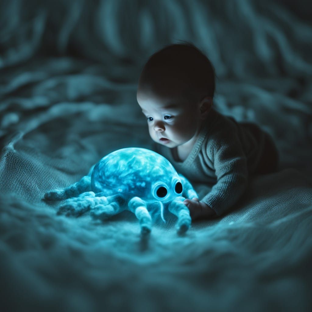 Bioluminescent Creature Guarding Newborn in an Artificial Wo...