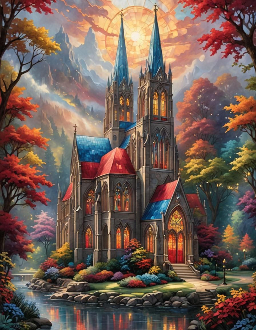 Vibrant Stained Glass Cathedral with Flowers in Mist