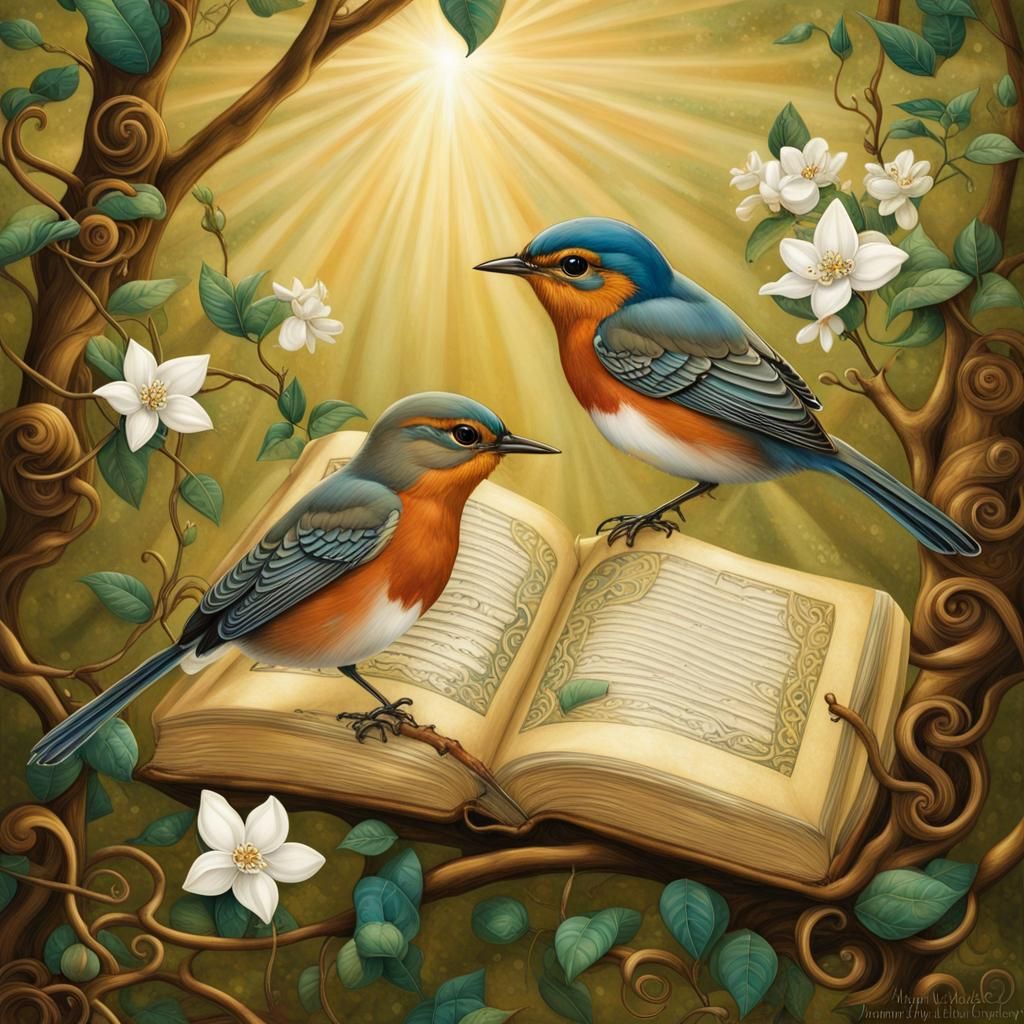 Robins on Branch in Illuminated Manuscript Style