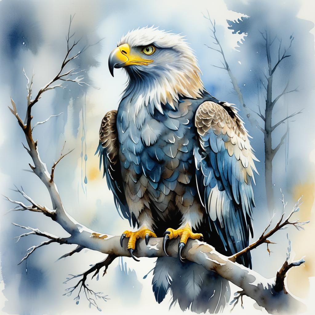 Watercolor Eagle Perched on Branch, Old Master Style