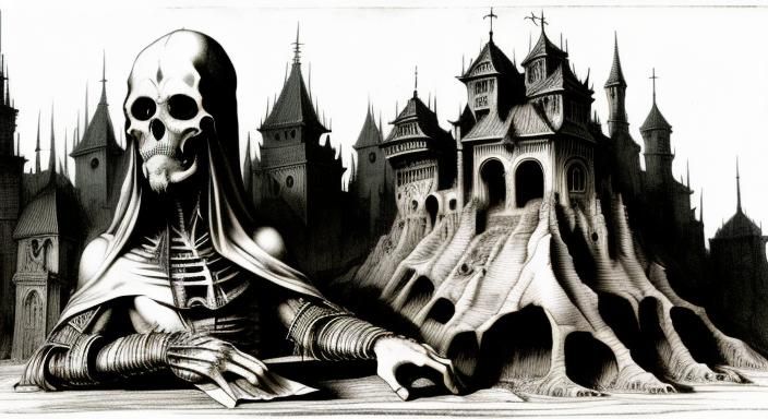 City of Skulls: Detailed Ink Sketch in Da Vinci Style