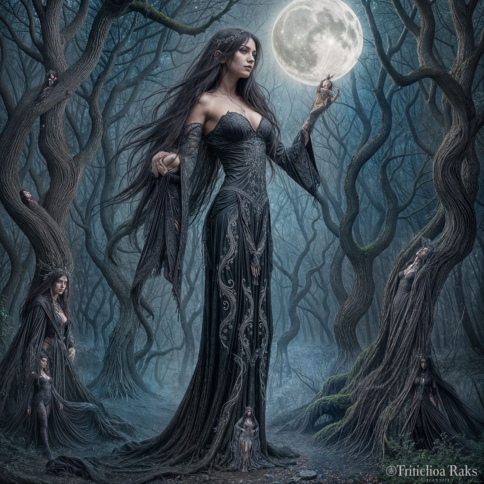 Gothic Sorceress in Moonlit Forest: Dark Fantasy Art