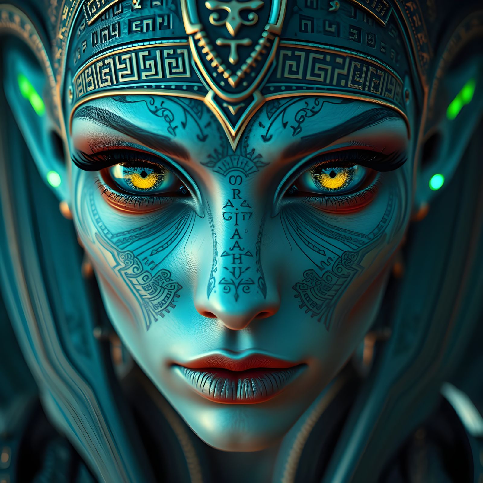 Ethereal Alien Goddess in Glowing Hieroglyphic Splendor