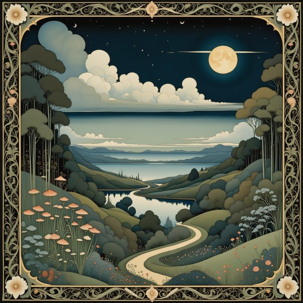 Surreal Landscape of Love and Ornate Clouds in Enchanted Wor...