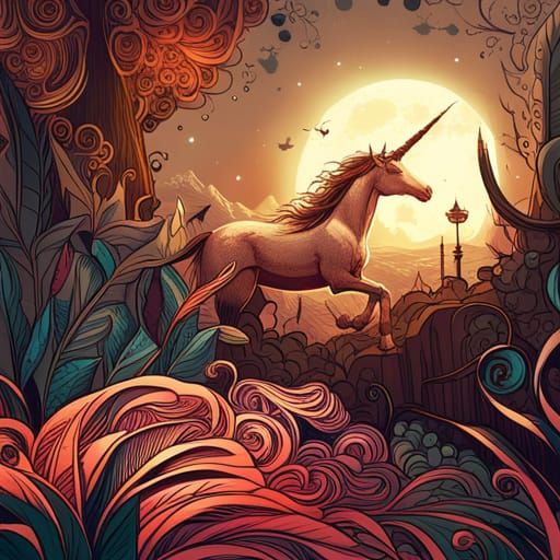 Luminous Unicorn Digital Painting with Golden Outlines
