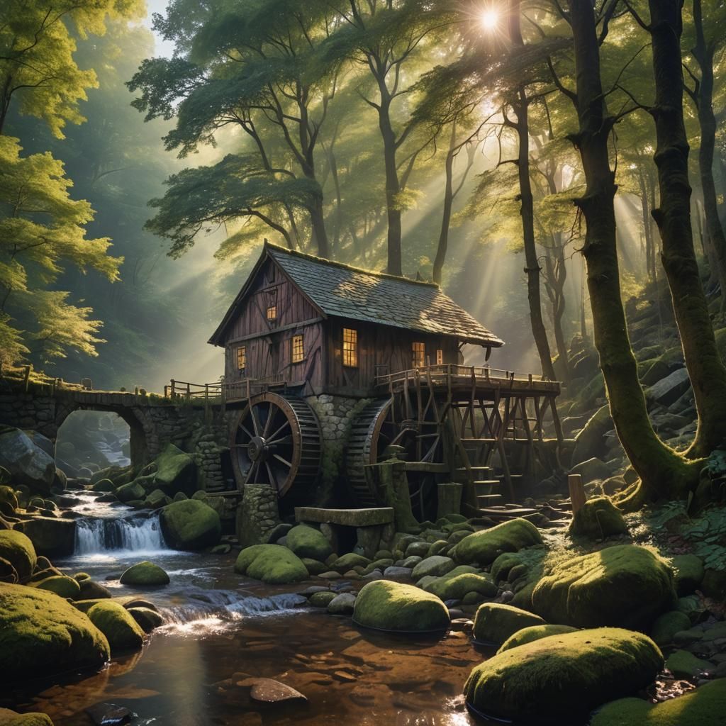 Rustic Watermill in Mystical Forest: Digital Matte Painting