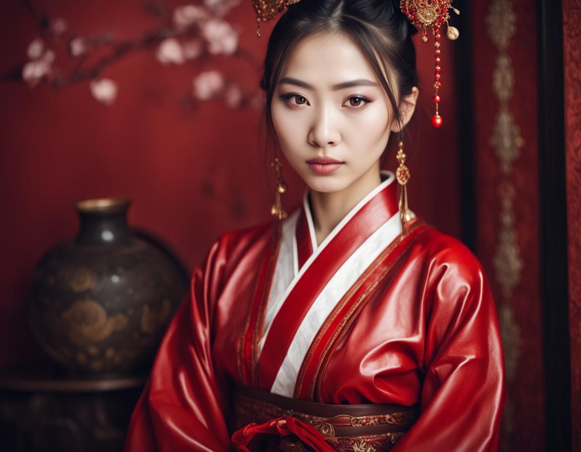 Young Asian Woman in Glossy Red Leather Hanfu