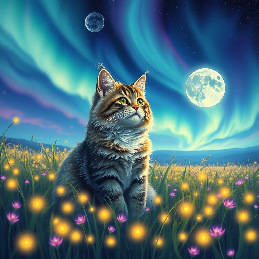 Celestial Kitty in Dreamy Landscape with Fireflies and Auror...