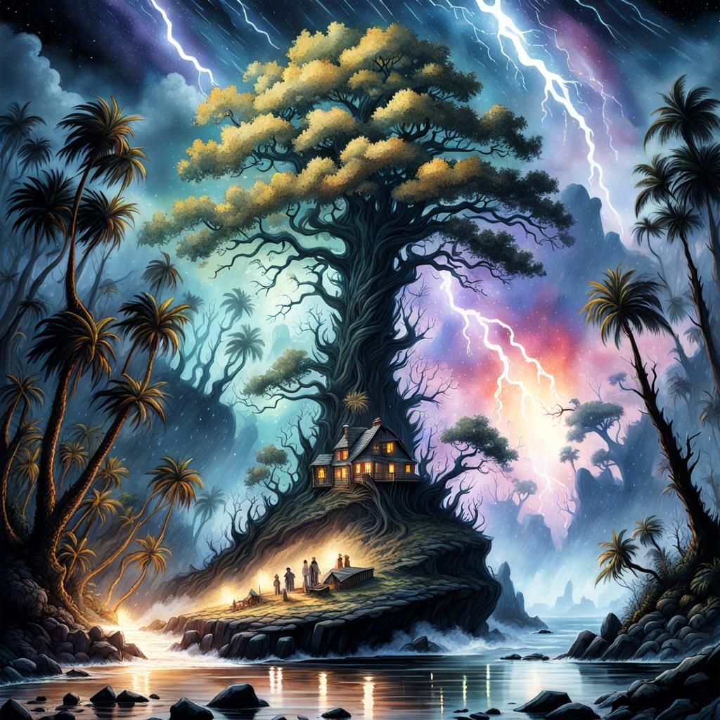 Scary Island Illustration with Shooting Stars