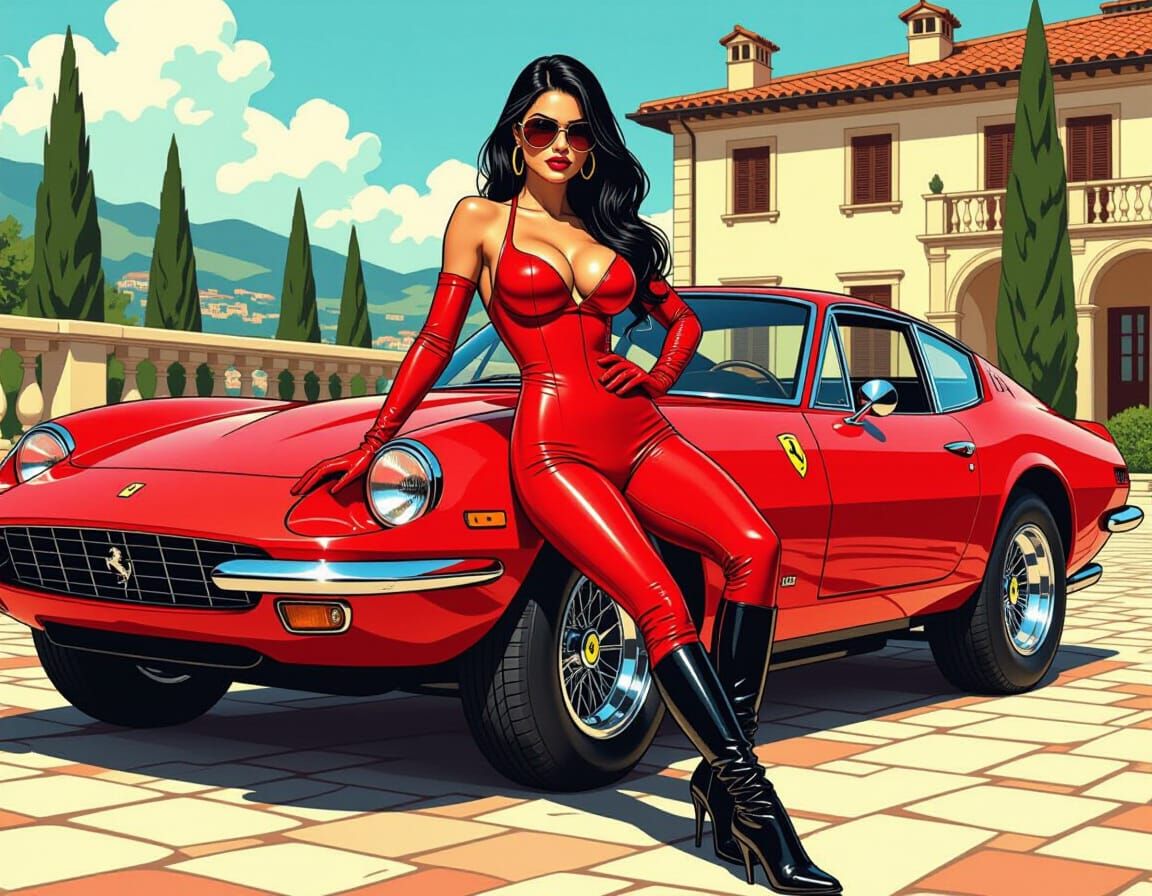 Italian Model in Red Catsuit with Ferrari, in Comic Art Styl...