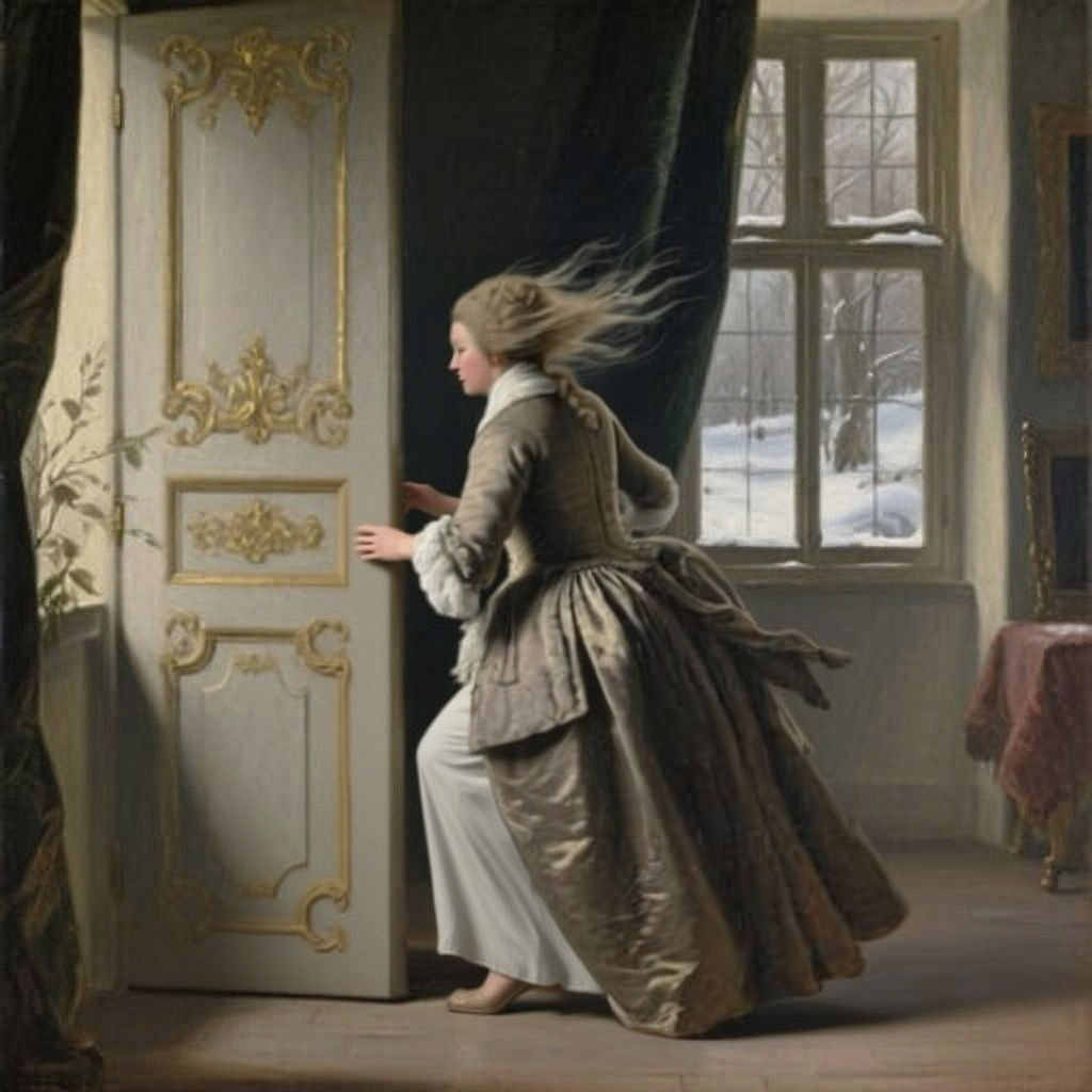 Baroque Oil Painting of Woman Battling Winter Wind