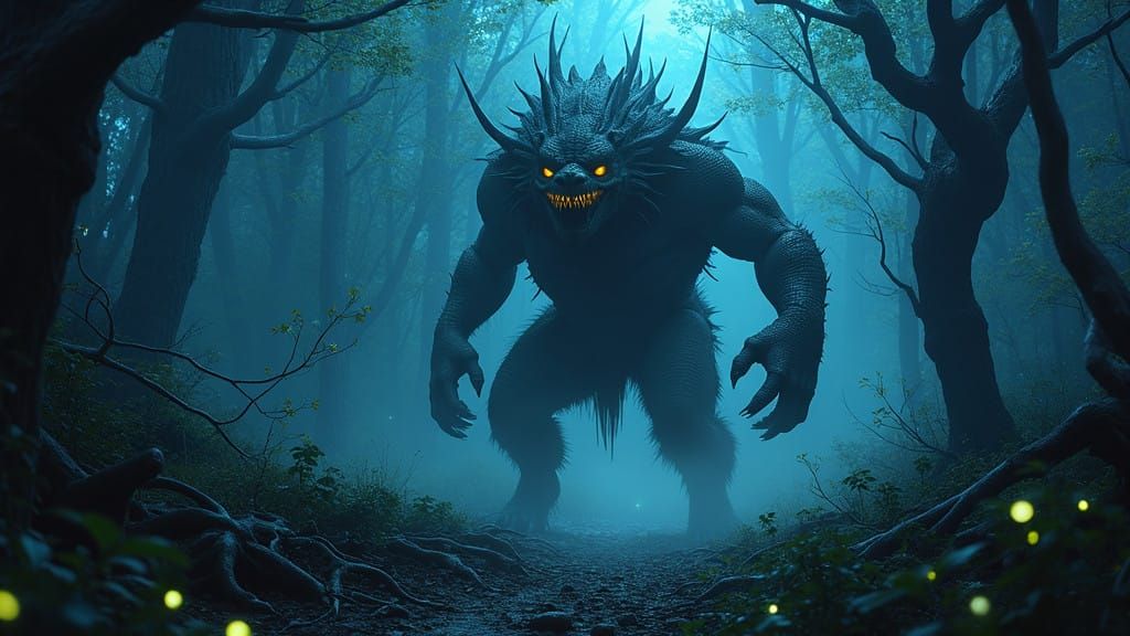 Menacing Four-Armed Beast Emerges from Dark Forest Shadows
