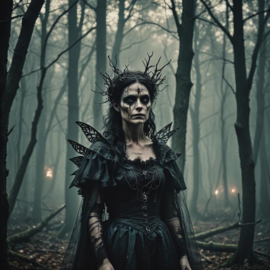 Eerie Dark Fairy in Misty Woods: Cinematic Film Still