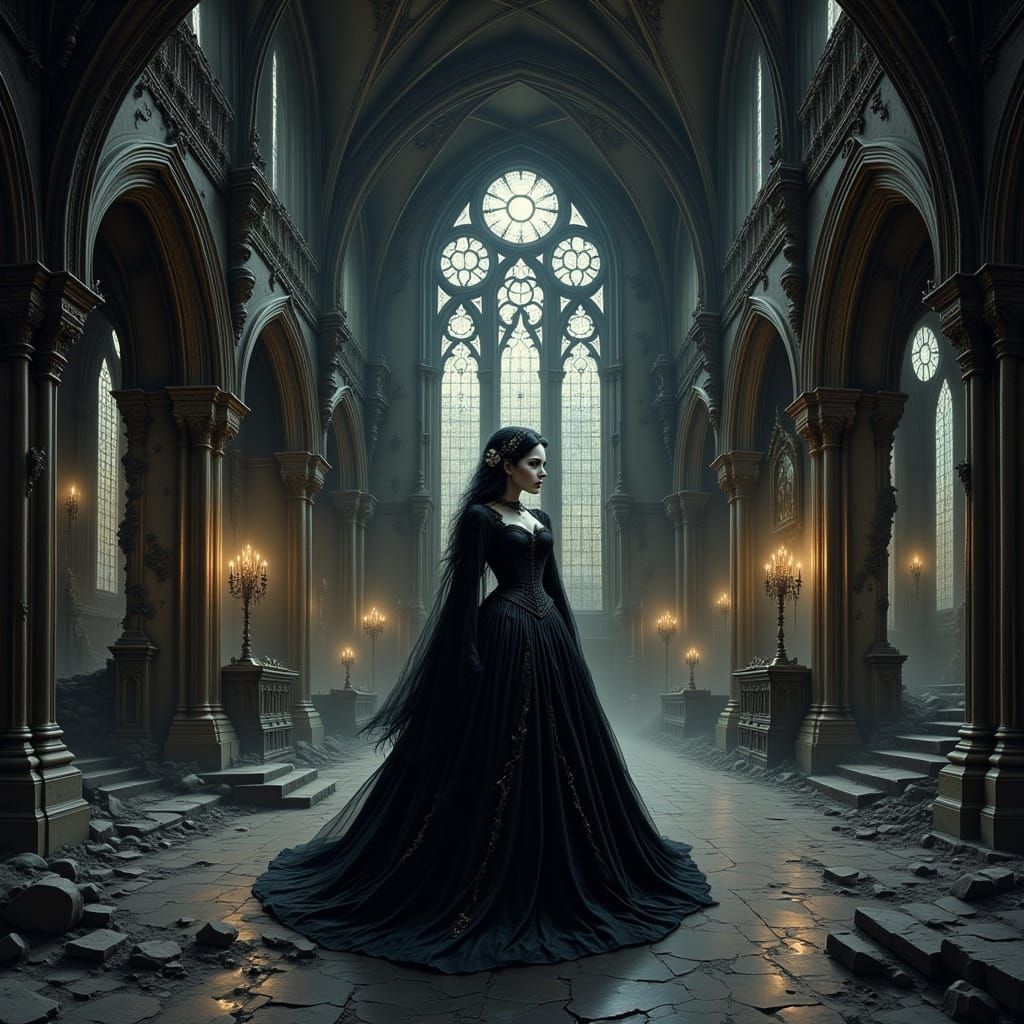 Gothic Woman in Ruined Cathedral at Twilight