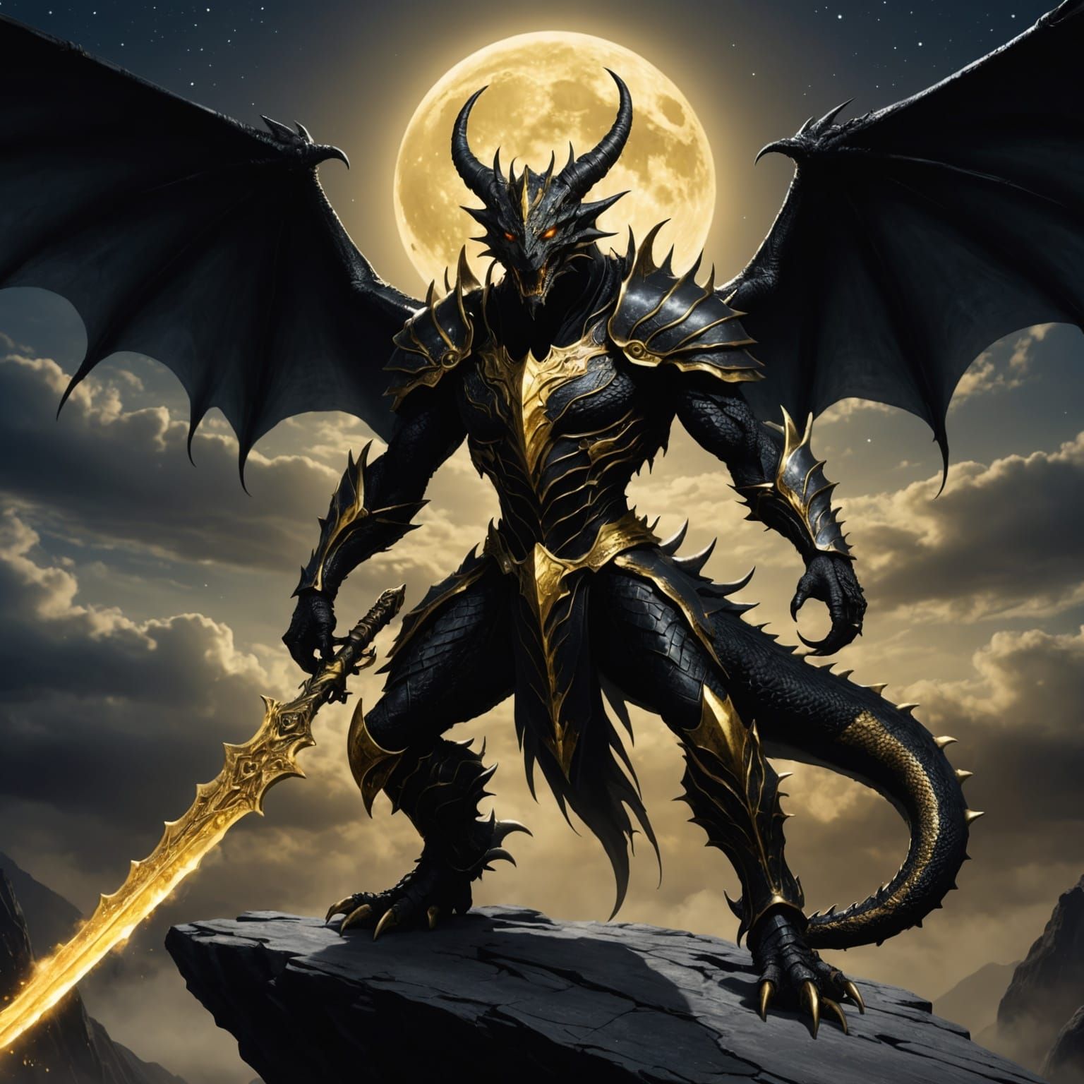 Dragonoid Man with Gold Horns in Dark Fantasy Style