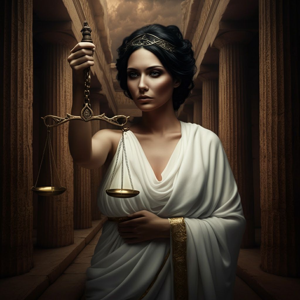 Dike, Goddess of Justice, in Ancient Greek Temple