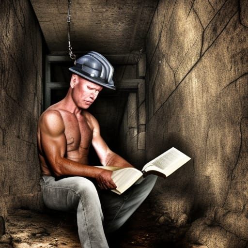 Hyperrealistic Coal Miner Reading Book Underground