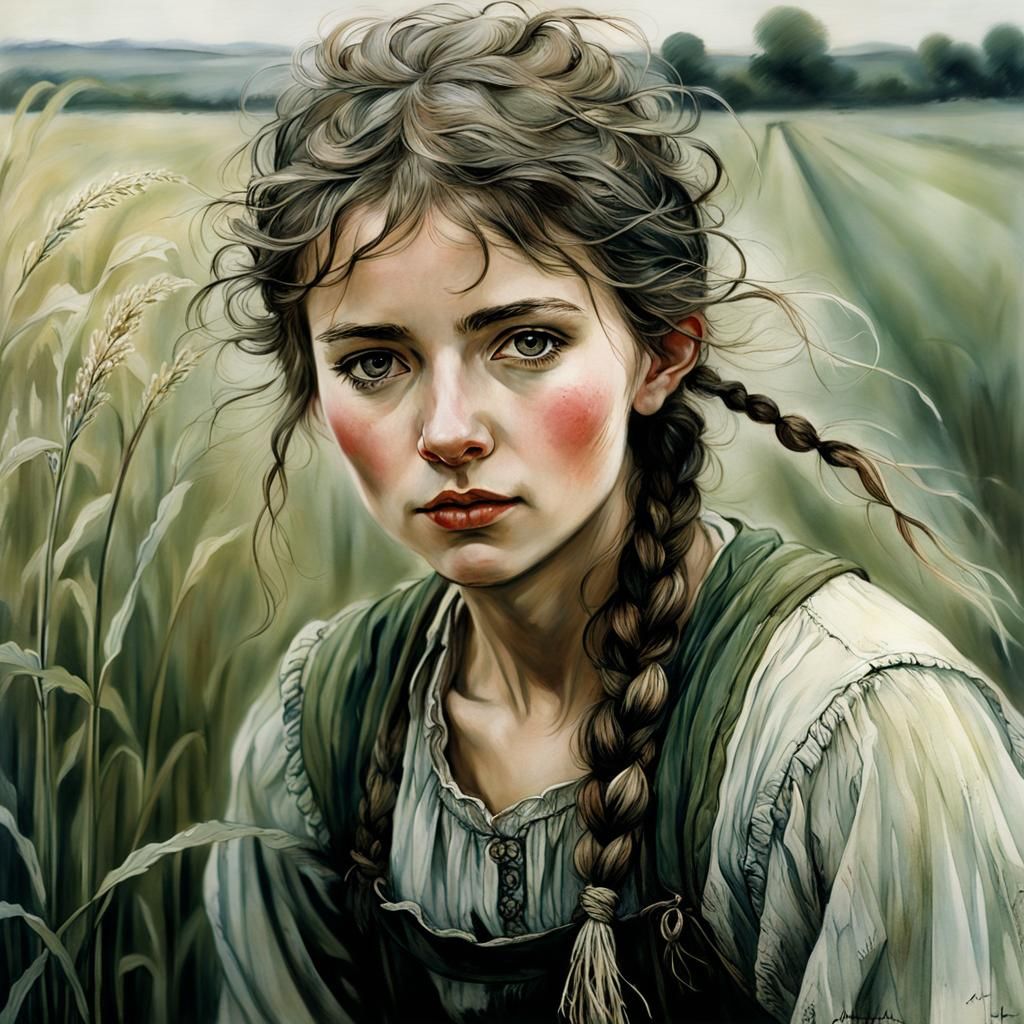 Woman in Field, Arthur Rackham Storybook Style