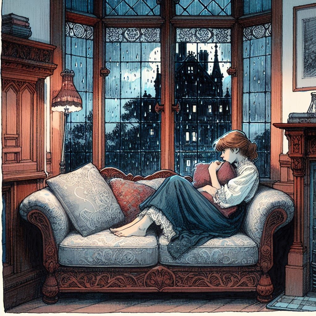 Melancholy Woman Gazing at Rain in Watercolour Style