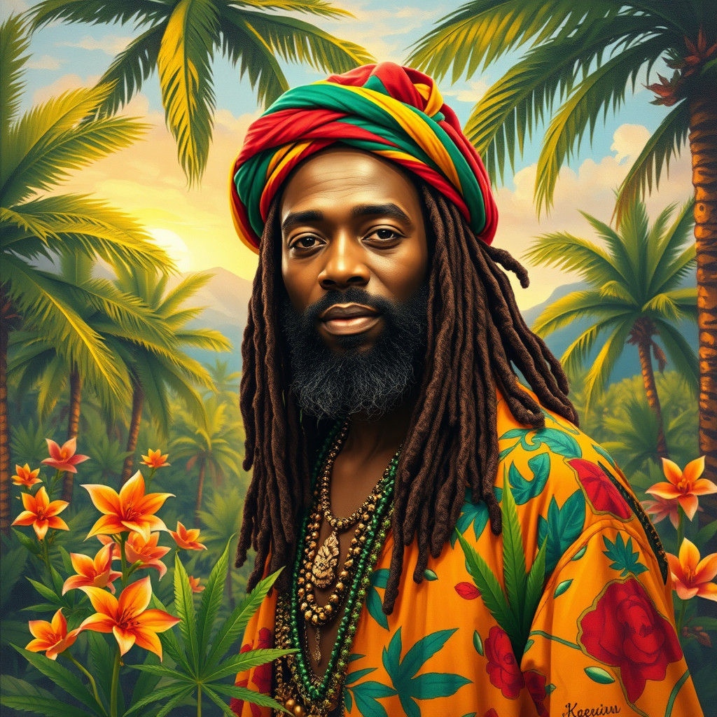 Colorful Rastafarian Man in Tropical Impressionist Painting