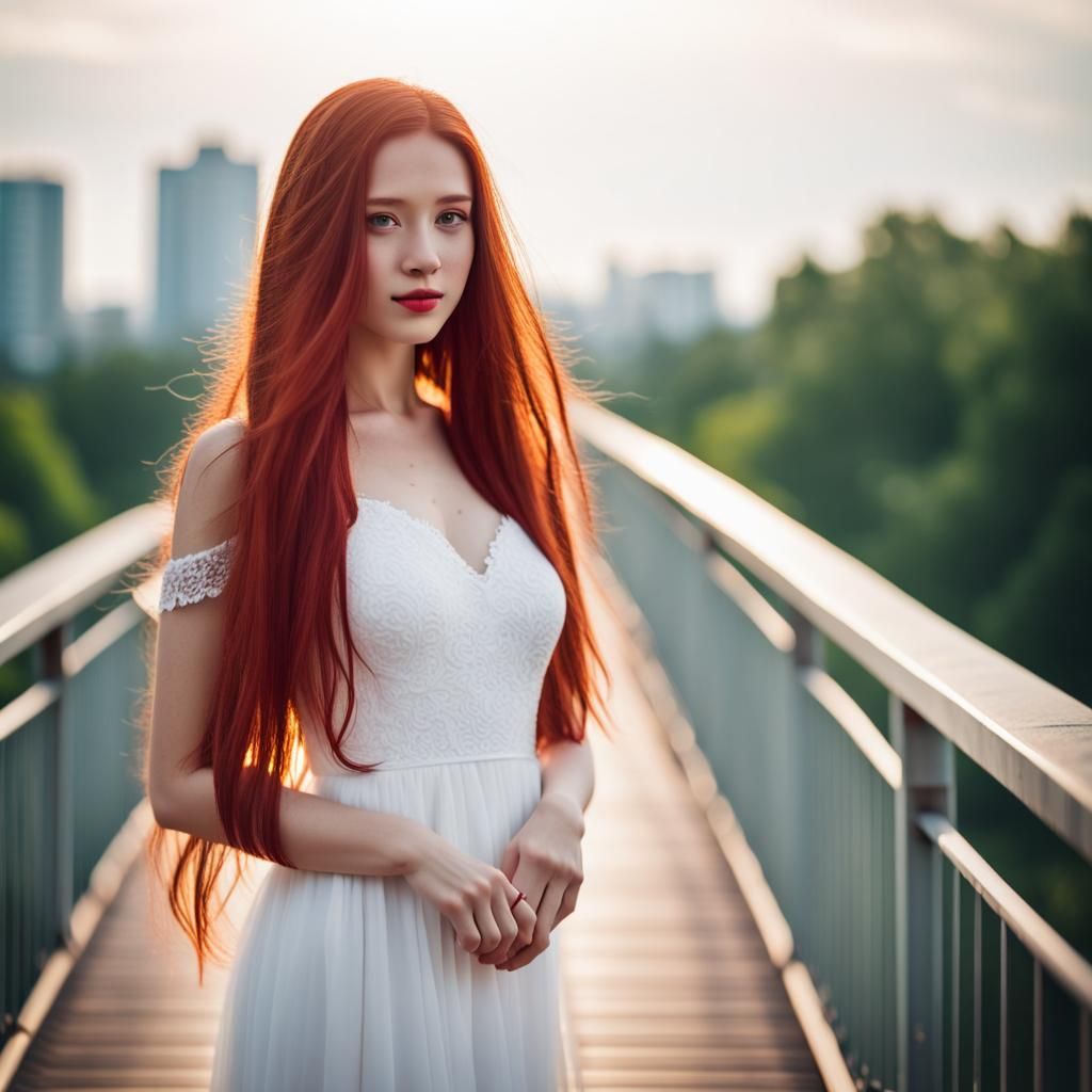 Girl with Red Hair on Bridge, Bokeh Photography
