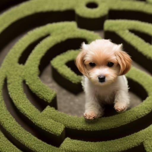 Cute Dog Searches for Bone in Plant Labyrinth