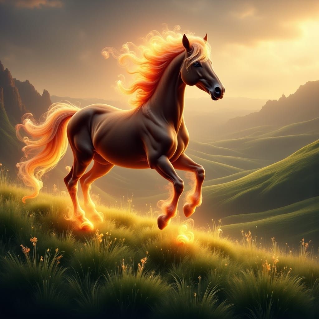 Fiery Horse Gallops Through Dusk Landscape