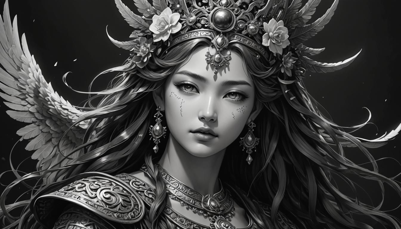 Detailed Pencil Drawing of an Ancient Goddess