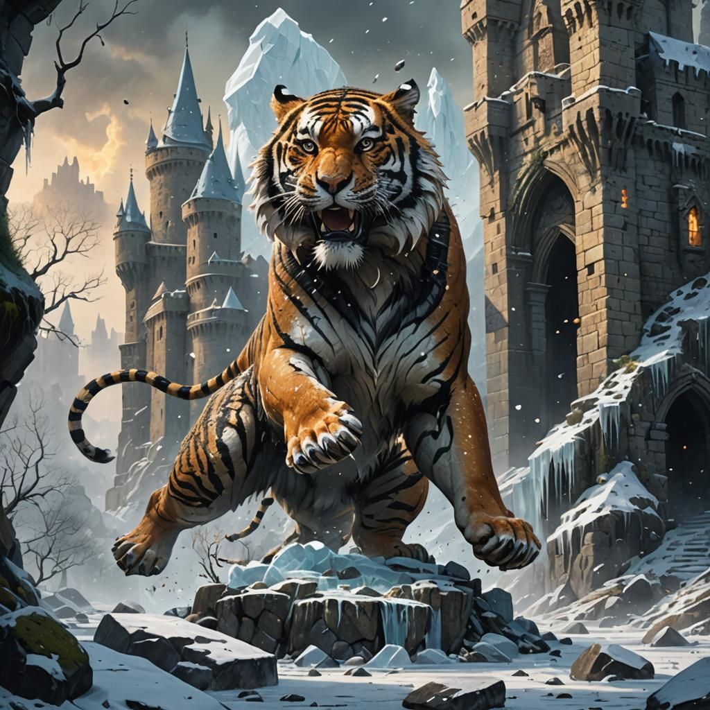 Icy Tiger Assaults Castle: Dark Fantasy Art