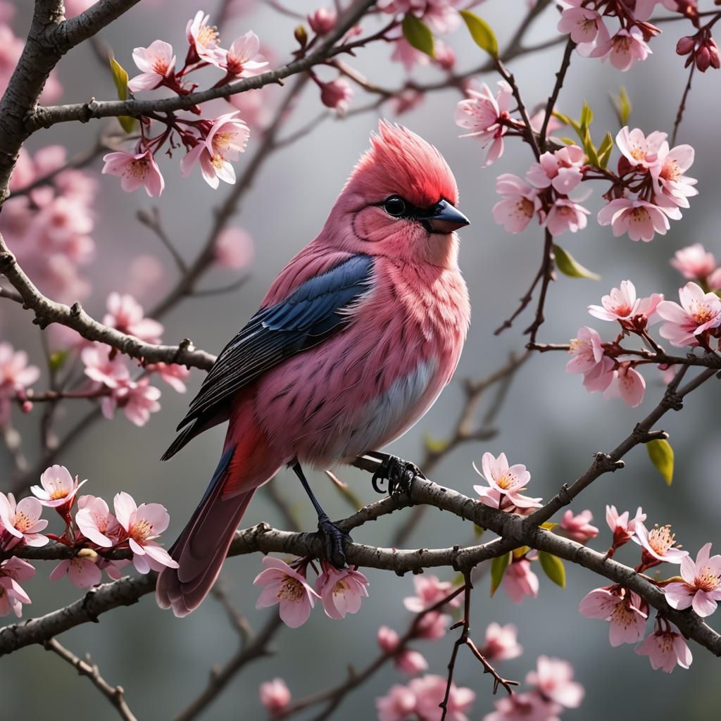 Pink Bird in Wildflower Garden, Fantasycore Art