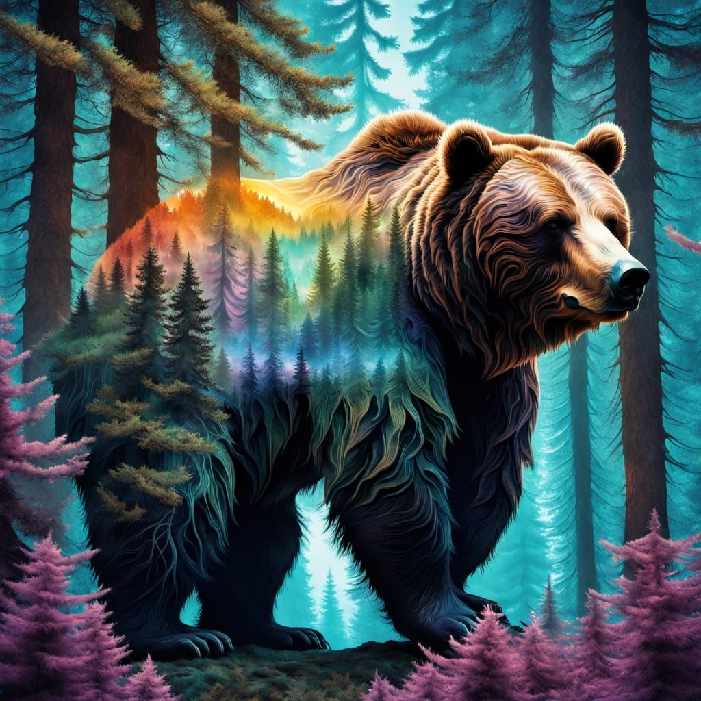 Surreal Bear Silhouette Filled With Radiant Forest and Fract...