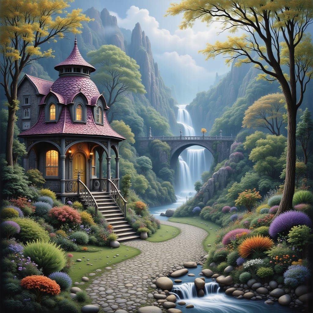 Ethereal Fantasy Landscape in Thomas Kinkade Style