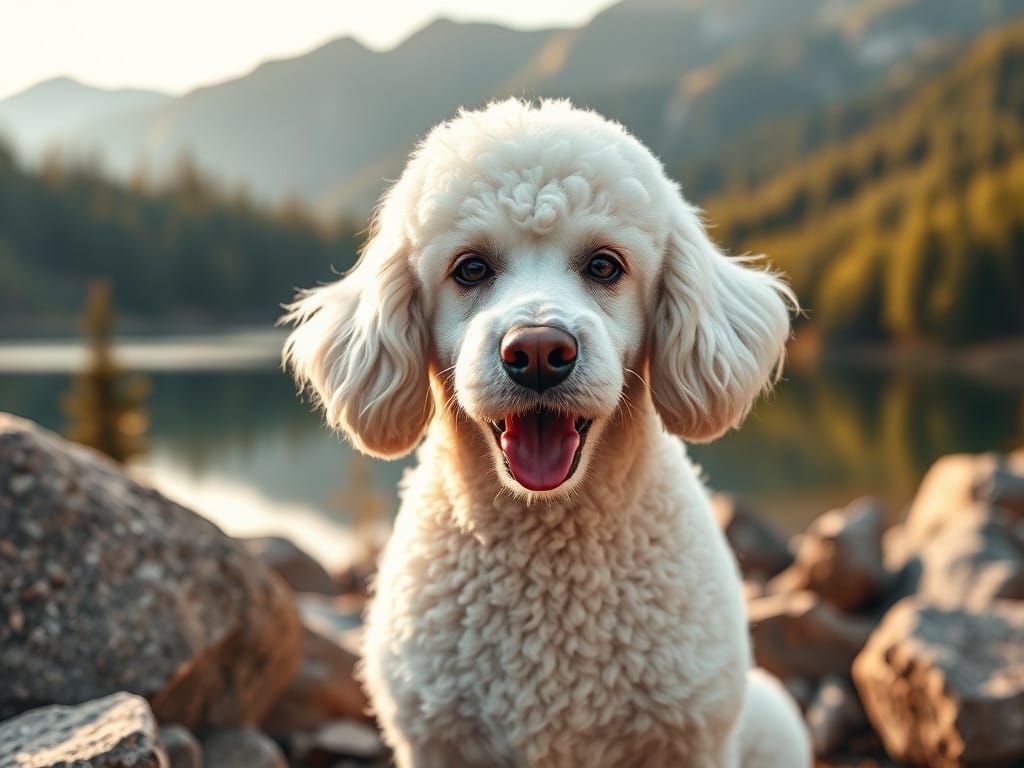 Surreal Hyperrealistic Portrait of a White Poodle in Serene....