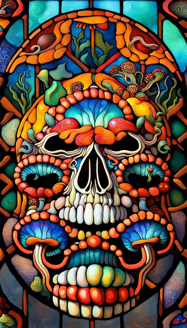 Colorful Art Nouveau Mushroom Shrine with Mask