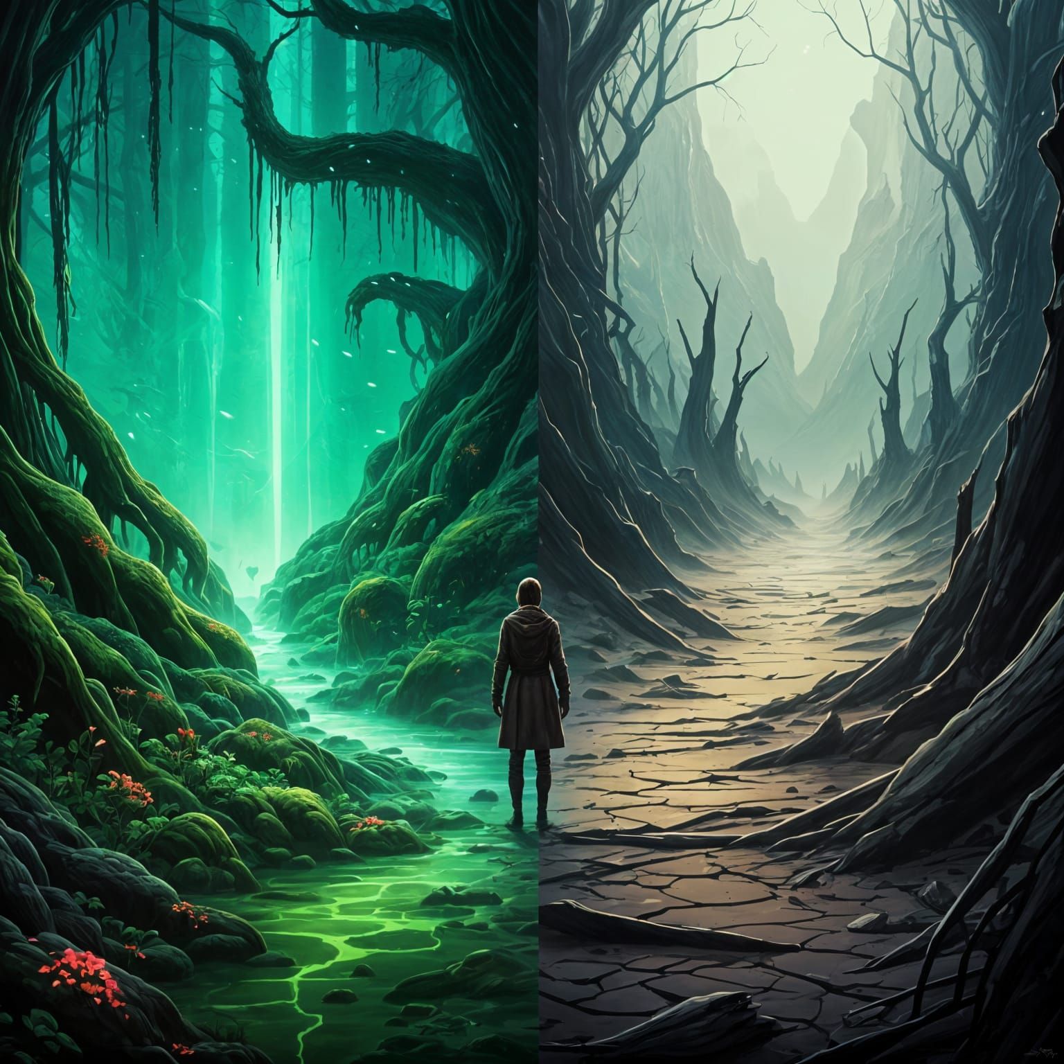 Life and Death: A Bioluminescent Forest vs Wasteland