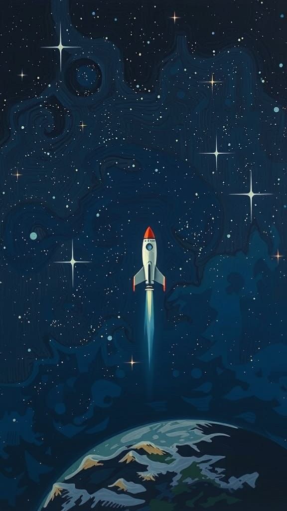 Exoplanet Rocket Ascends in Impasto Oil Painting