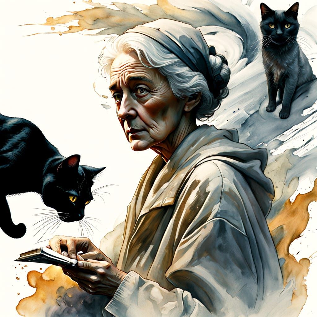 Old Woman With Cat And Ray In Watercolor Style