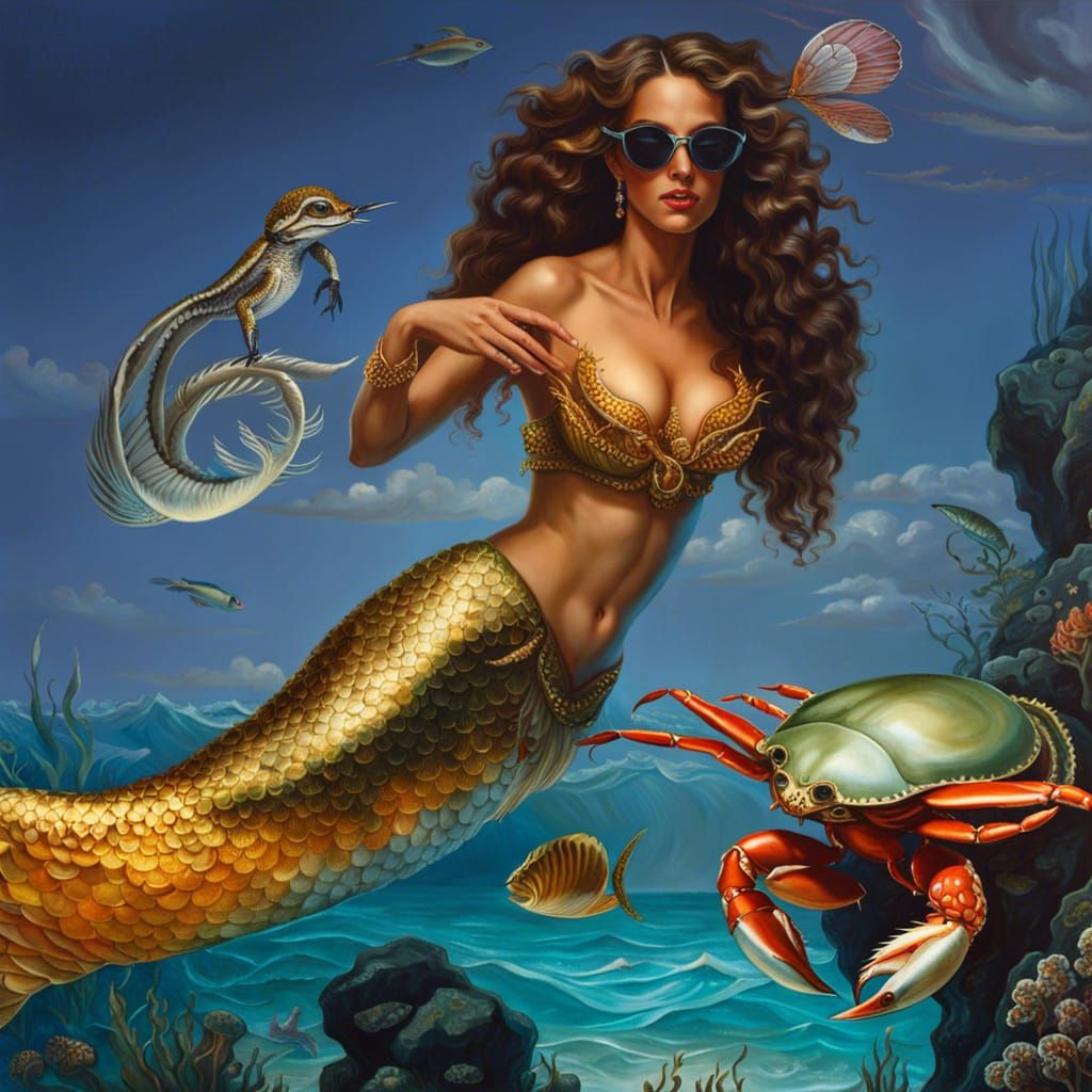 Mermaid and Crab Fantasy Painting Underwater