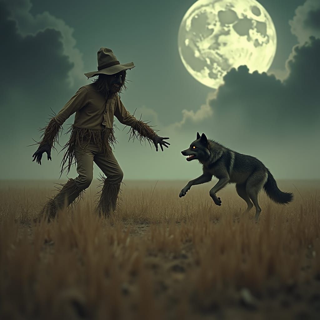 Scarecrow and Werewolf Play Fetch in Field