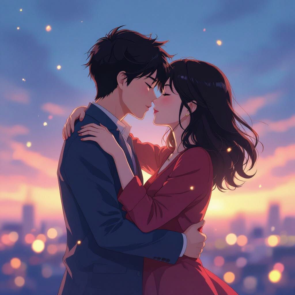 Passionate Couple Kissing in Vibrant Anime Style