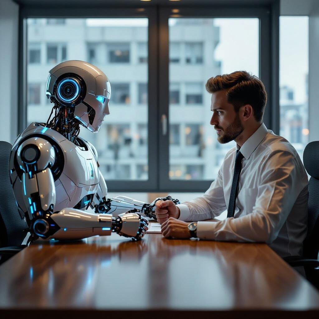 Robot Arm Wrestling Man: Futuristic Office Showdown