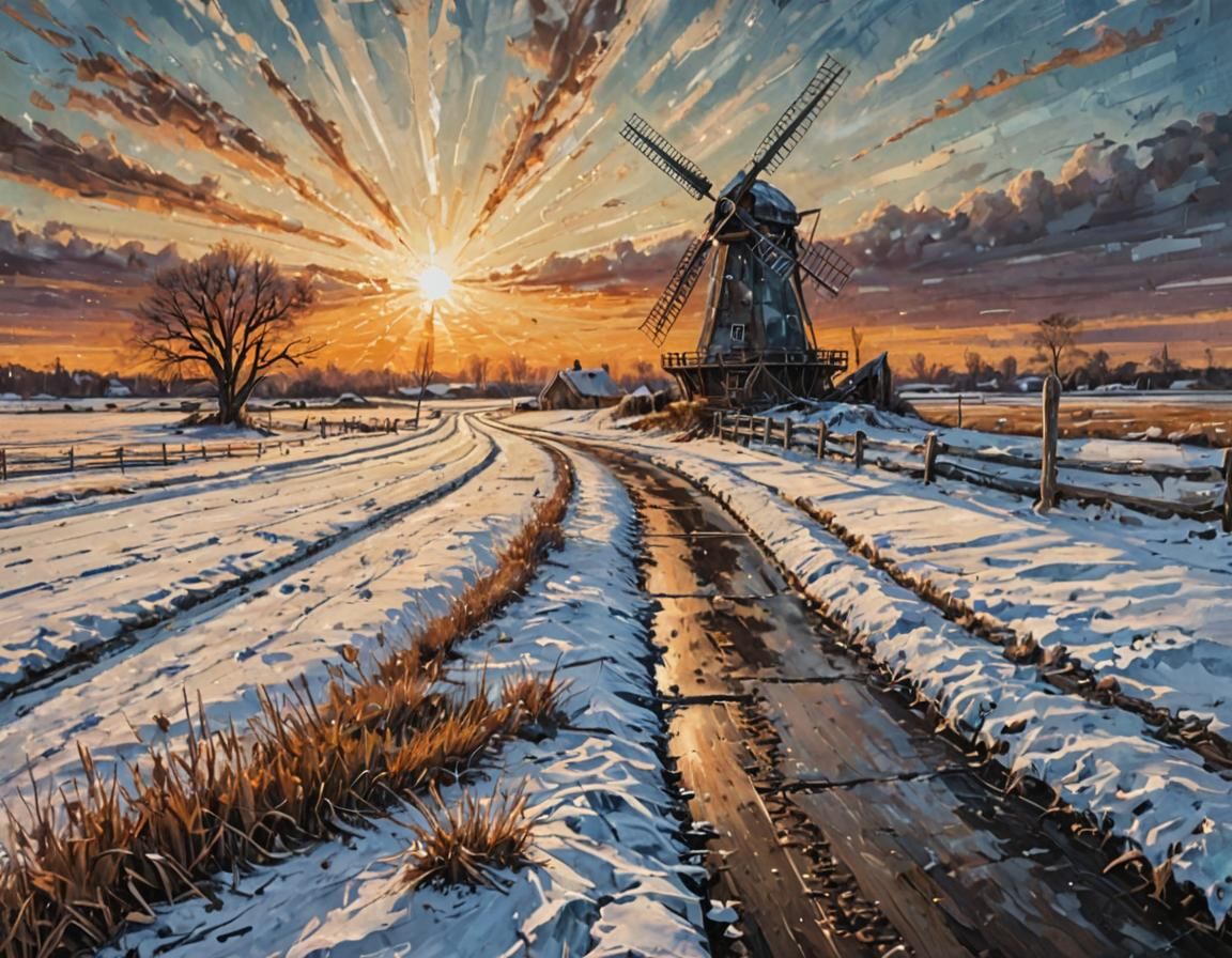 Giant Windmill in Winter Sunset: Acrylic Impasto Painting