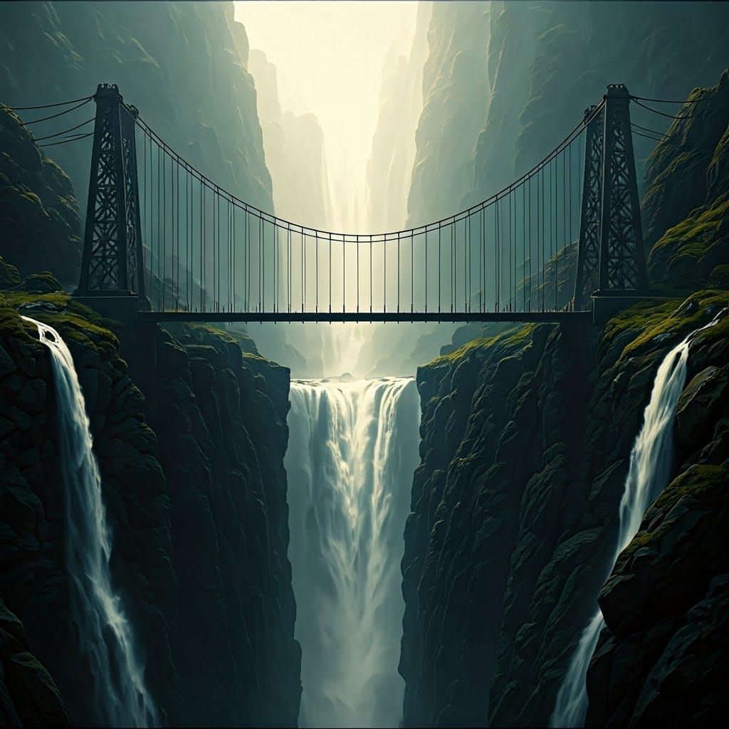 Steel Bridge Spanning Precipice Rift in Cinematic HDR