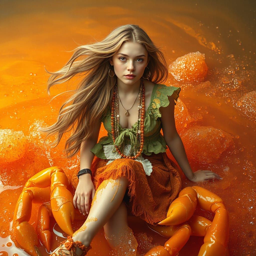 Woman on Gummy Crab in Soda Sea, Neon Futurism Style