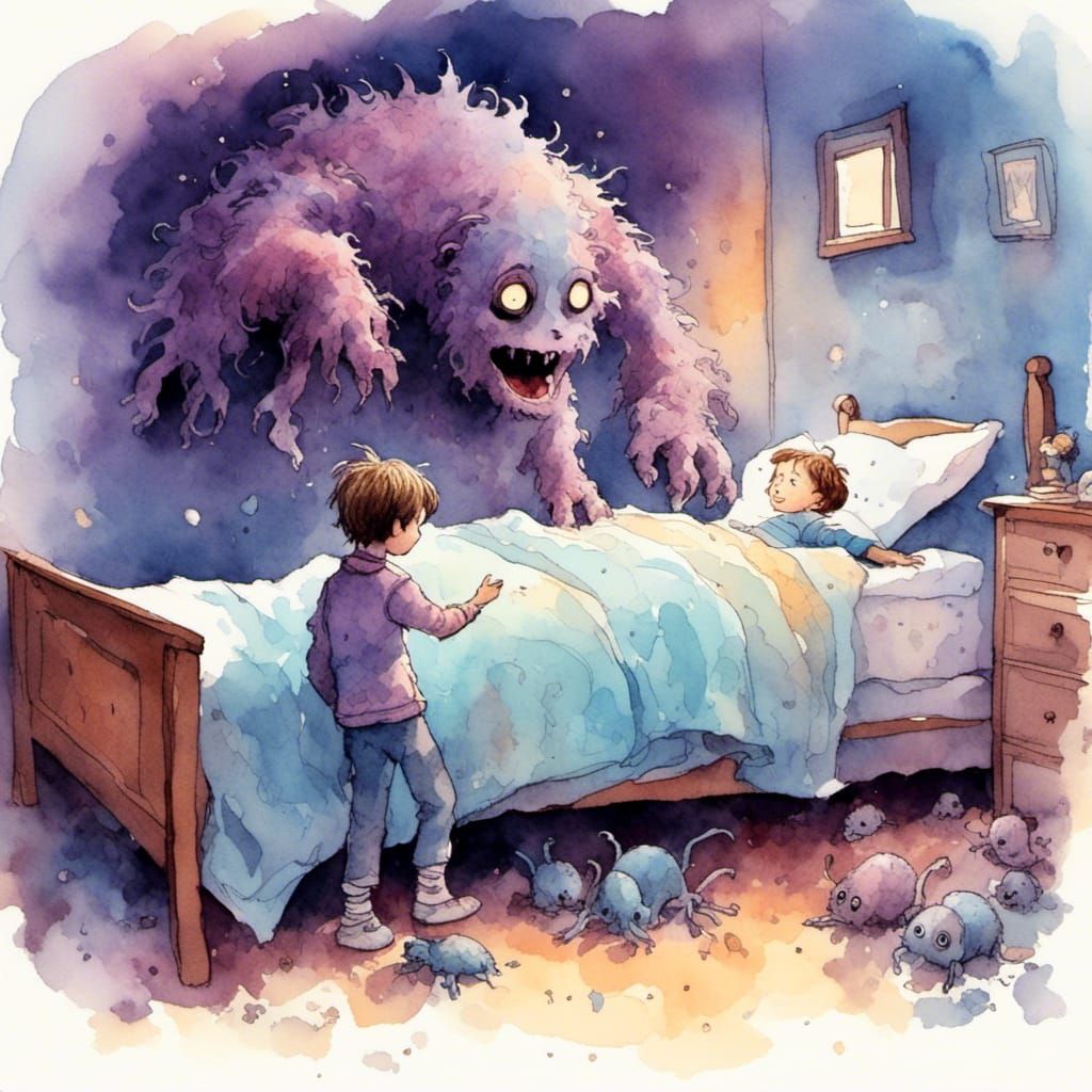 <lora:SybilThorn-LORA2:1.0> a little boy making friends with the monster under his bed