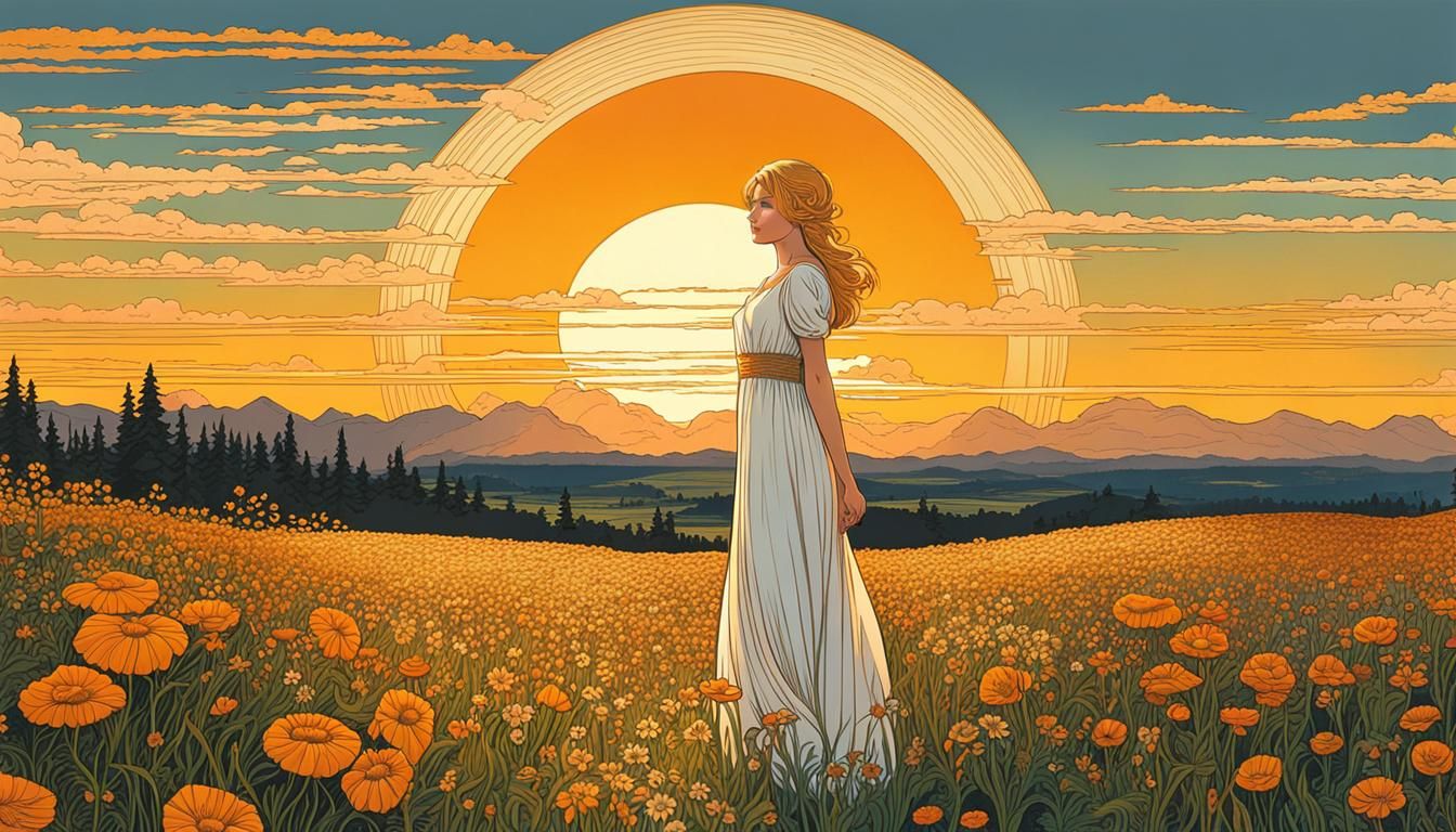 Alpine Meadow Sunset Inspired by Folk Art