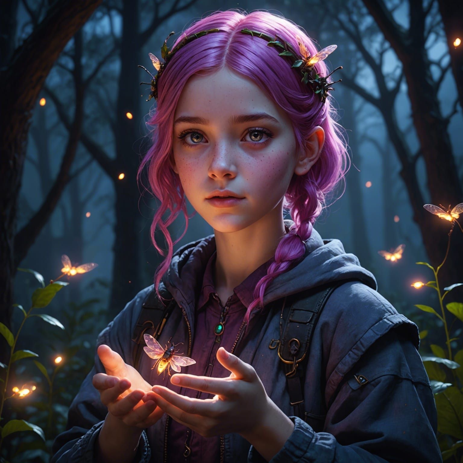 Pink Haired Girl Holding Firefly: Fantasy Concept Art