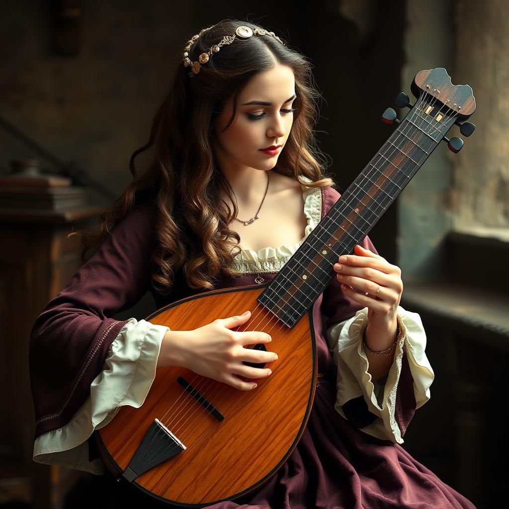 Medieval Woman Plays Music Note Lute